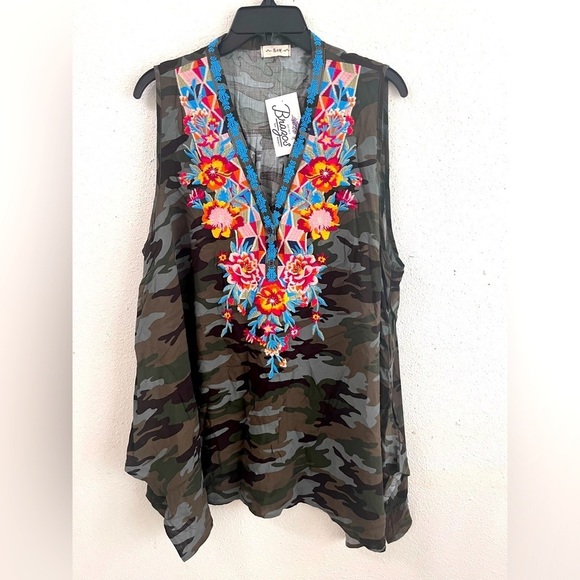 Savanna Jane Tops - Savanna Jane  Embroidery Boho Camouflage Top 2X